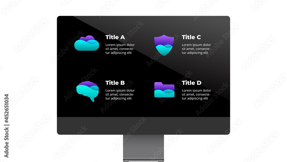 iMac mock up. Infographic slide template. 4 options, steps, processes. Electronic device presentation. User interface and experience computer screen. 