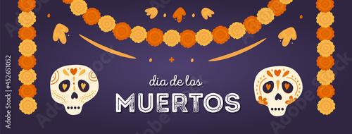 Dia de los muertos. Horizontal banner with sugar skulls and marigold floral garlands decoration. Mexican national holiday Day of the dead. Vector hand drawn illustration in flat style.