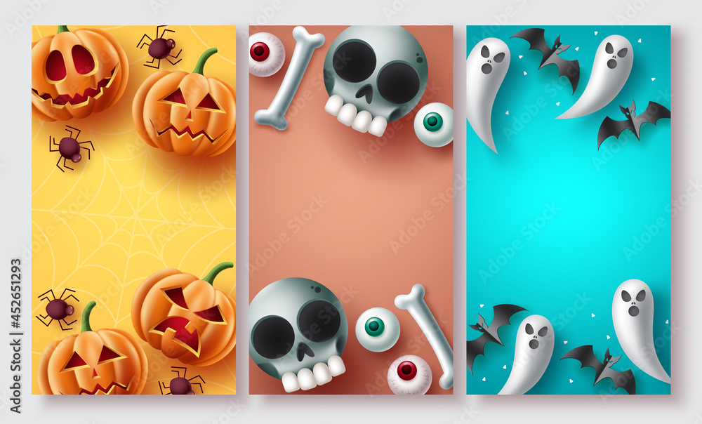 Halloween poster set vector design. Halloween background collection with cute, creepy and scary mascot character elements with copy space for typography text. Vector illustration.
