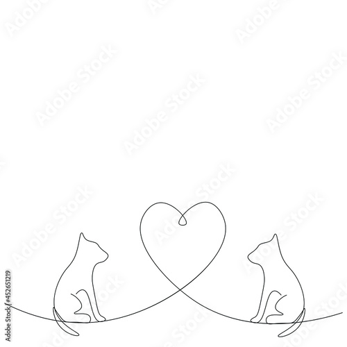 Cats love heart line drawing vector illustration
