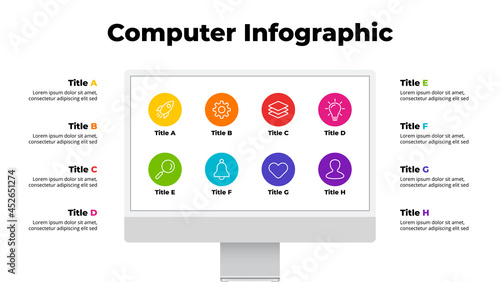 iMac mock up. Infographic slide template. 8 options, parts, steps. Electronic device presentation. User interface and experience computer screen. 