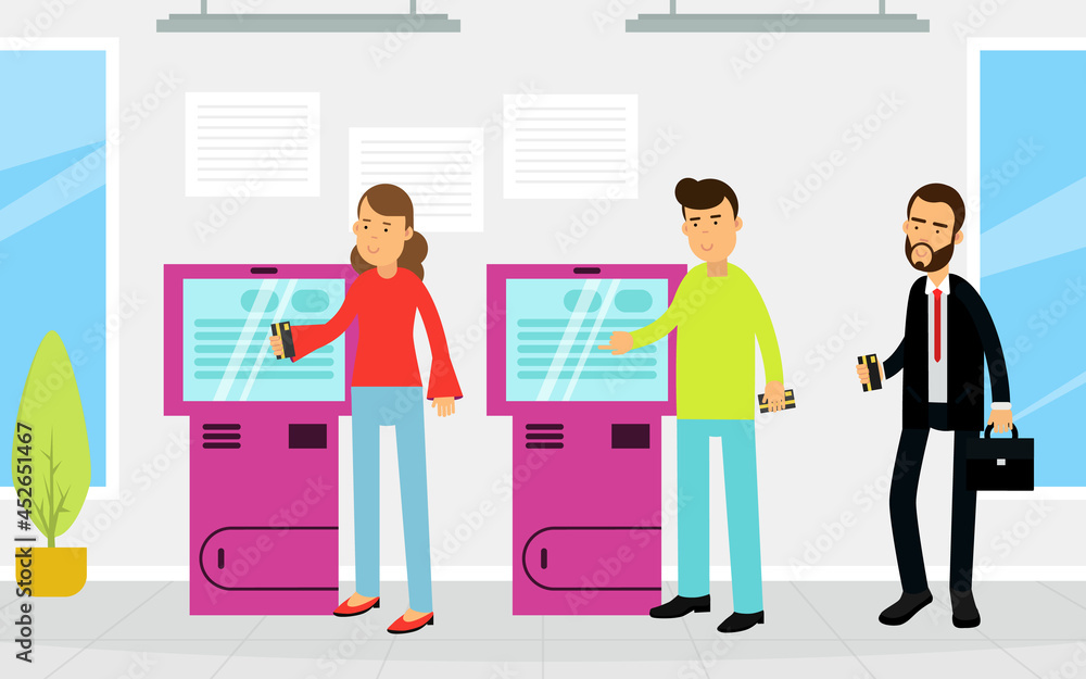 People Characters Getting Cash and Making Payment with ATM Machine Vector Illustration