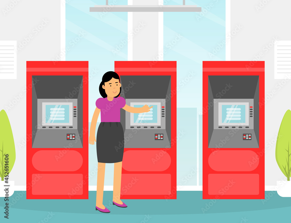 Woman Character Getting Cash and Making Payment with ATM Machine Vector Illustration Woman Character Getting Cash and Making Payment with ATM Machine Vector Illustration