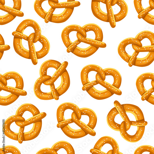Bavarian pretzel seamless pattern on a white isolated background. Vector cartoon illustration