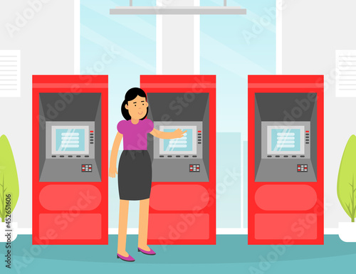 Woman Character Getting Cash and Making Payment with ATM Machine Vector Illustration