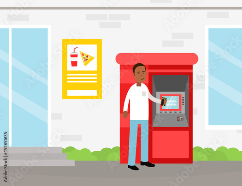 Man Character Getting Cash and Making Payment with ATM Machine Vector Illustration