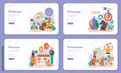 Public relations manager web banner or landing page set. Specialist developing