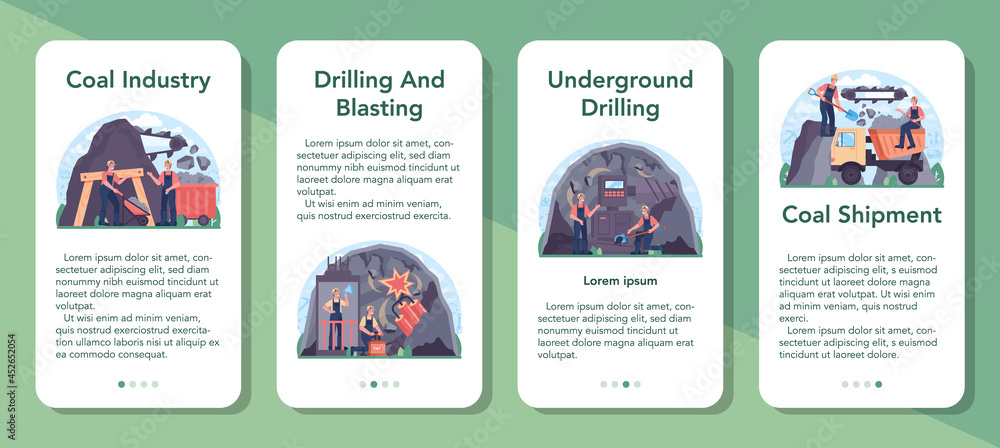 Coal industry mobile application banner set. Mineral and natural