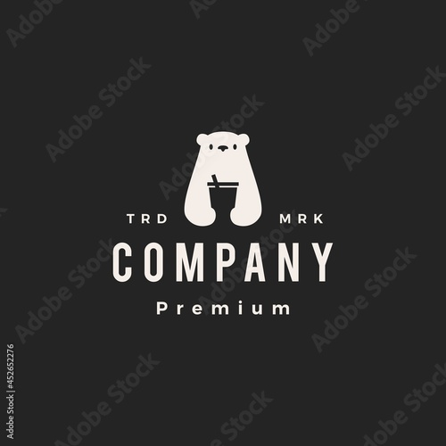 polar bear drink cup hipster vintage logo vector icon illustration