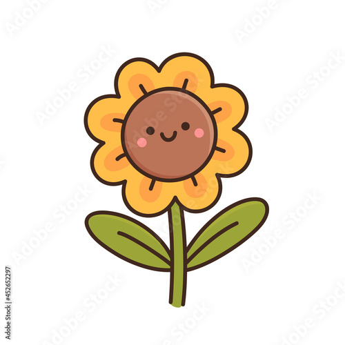 Cute kawaii sunflower isolated on white background. Vector illustration in cartoon style