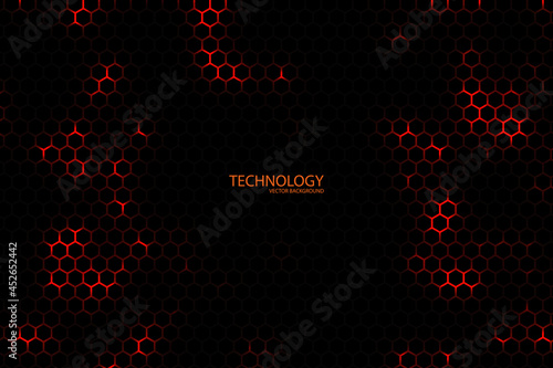 Technology hexagonal vector background. Bright red energy blazes under the hexagon in a dark modern futuristic illustration. Black mesh with honeycomb structure.