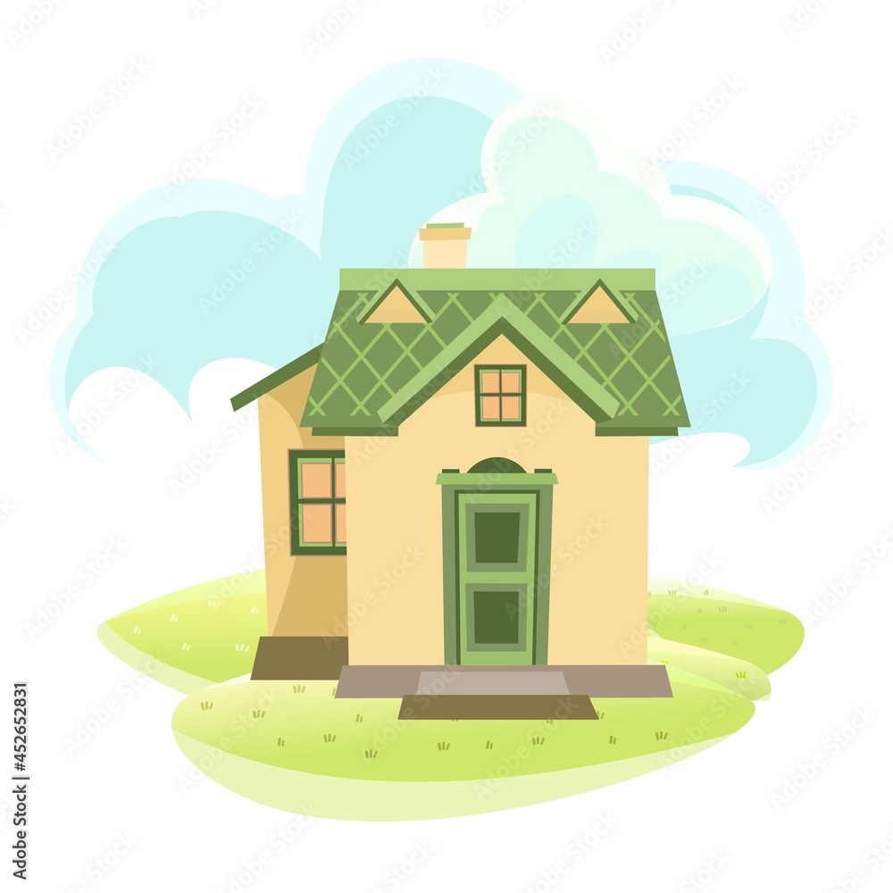 Fototapeta premium Little Cartoon house in the meadow. Beautiful view. Cozy rustic dwelling in a traditional European style. Rural landscape. Nice funny home. Isolated on white background. Vector