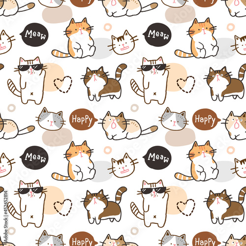 Seamless Pattern with Cute Cartoon Cat Illustration Design on White Background