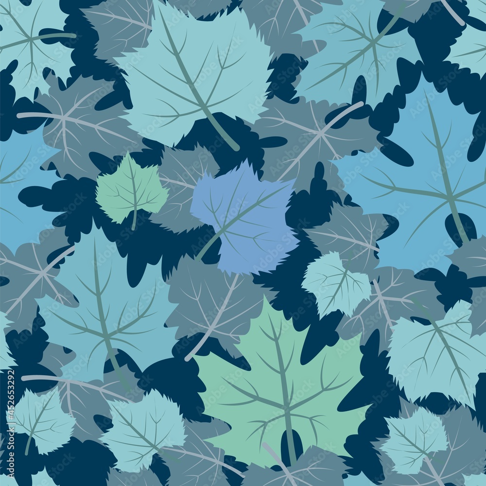 Blue Foliage. Seamless pattern with maple leaves. background. Dust. Vegetable illustration. Vector