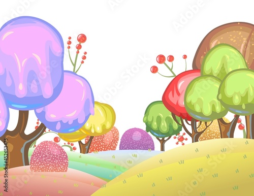 Candy background. Cartoon sweet land. Beads of jelly, ice cream and caramel. Chocolate. Cute childrens fairy landscape. Isolated fantastic illustration. Vector
