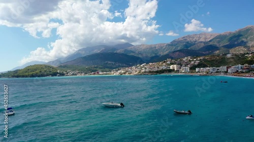 Birdseye view of Himara Beach and Adriatic Sea. Beautiful water Albania Riviera photo