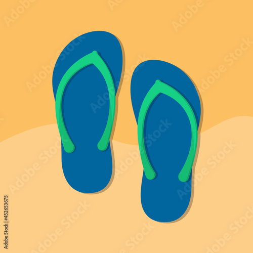 Beach slippers simple illustration clip art vector. flat design vector. beach sand background.