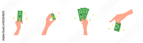 Transfer money. Female hands giving green bills. Donation, charity or payday concept. Financial symbol. Banking or business services. Vector illustration in flat cartoon style.