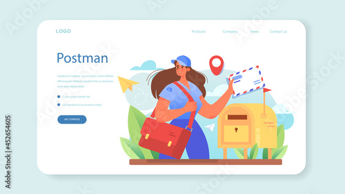 Postman profession web banner or landing page. Post office staff