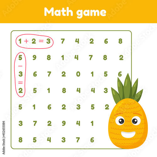 Math game. Addition, subtraction. Worksheet for kids preschool and school age. Vector illustration.