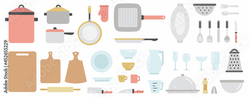 Kitchen equipment set. Collection of kitchen tools and dish.