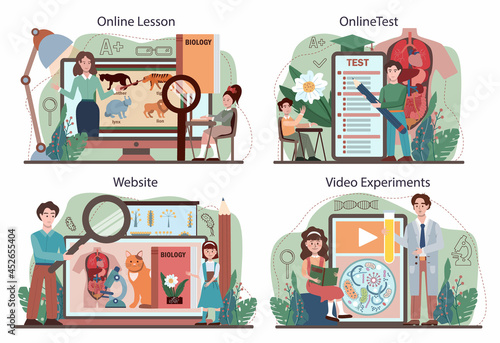 Biology online service or platform set. Students exploring nature and living