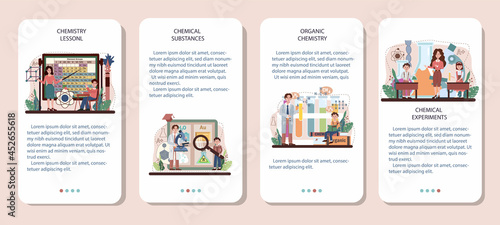 Chemistry school lesson mobile application banner set. Student learning