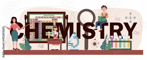 Chemistry typographic header. School lesson, student learning chemical
