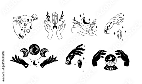 With hands and Mystical boho moon isolated cliparts bundle, celestial crystals and flowers, magic line and silhouette witchy moon phases, esoteric objects - black and white vector illustration