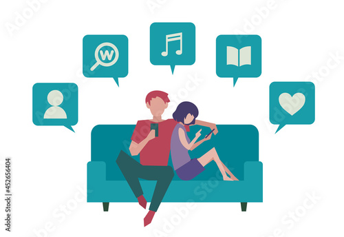 ソファでスマートフォンを使う男女　人物フラットイラスト