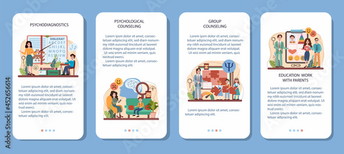 Psychology school course mobile application banner set. School psychologist