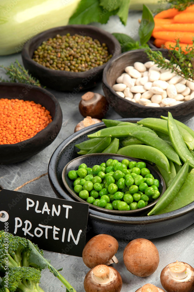 Natural sources of plant protein on light background. Natural sources of plant protein on light background.
