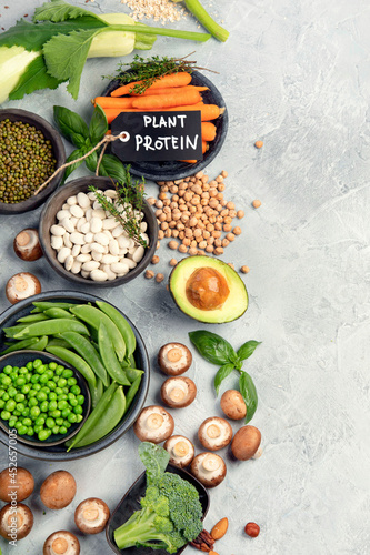 Natural sources of plant protein on light background.