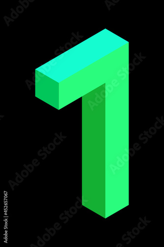 Light green number 7 in isometric style. Isolated on black background. Learning numbers, serial number, price, place.