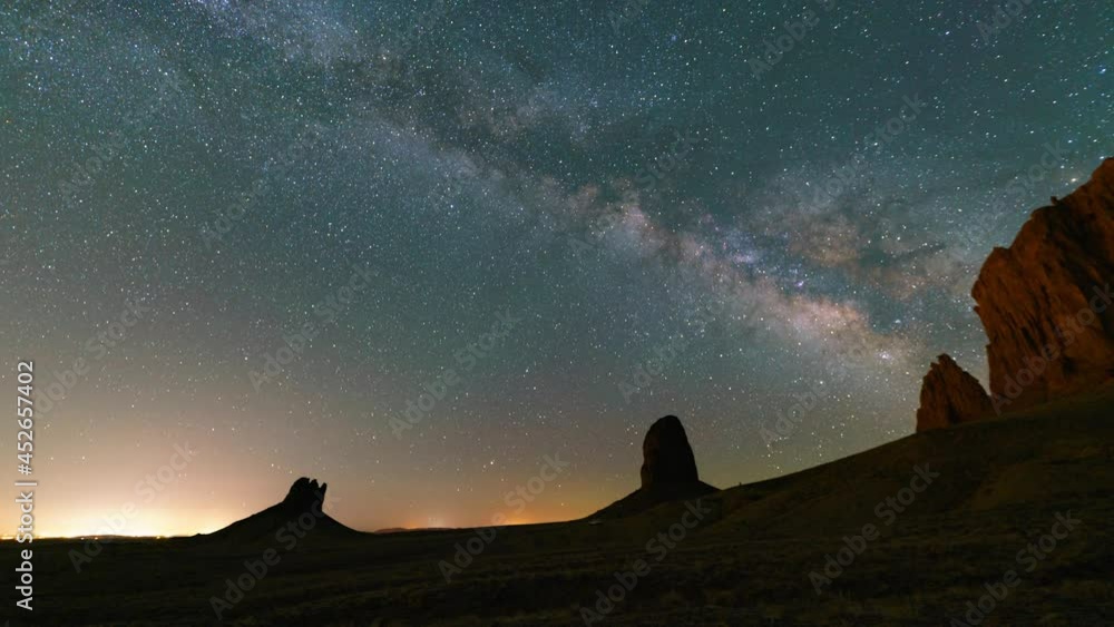 Time lapse pan of Milky Way galaxy over massive rocks in Shiprock in New Mexico Time lapse pan of Milky Way galaxy over massive rocks in Shiprock in New Mexico