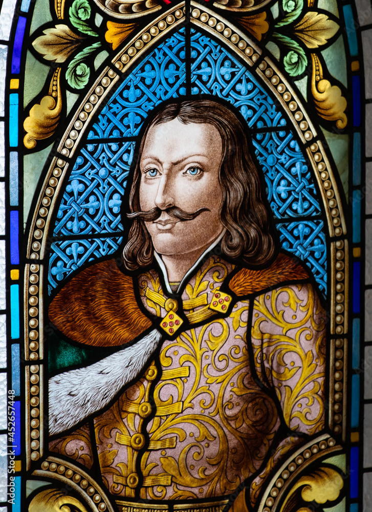 Fototapeta premium Stained glass representing John Hunyadi at the Corvin Castle in Hunedoara - Romania 06.Aug.2021 