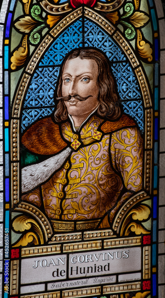 Stained glass representing John Hunyadi at the Corvin Castle in