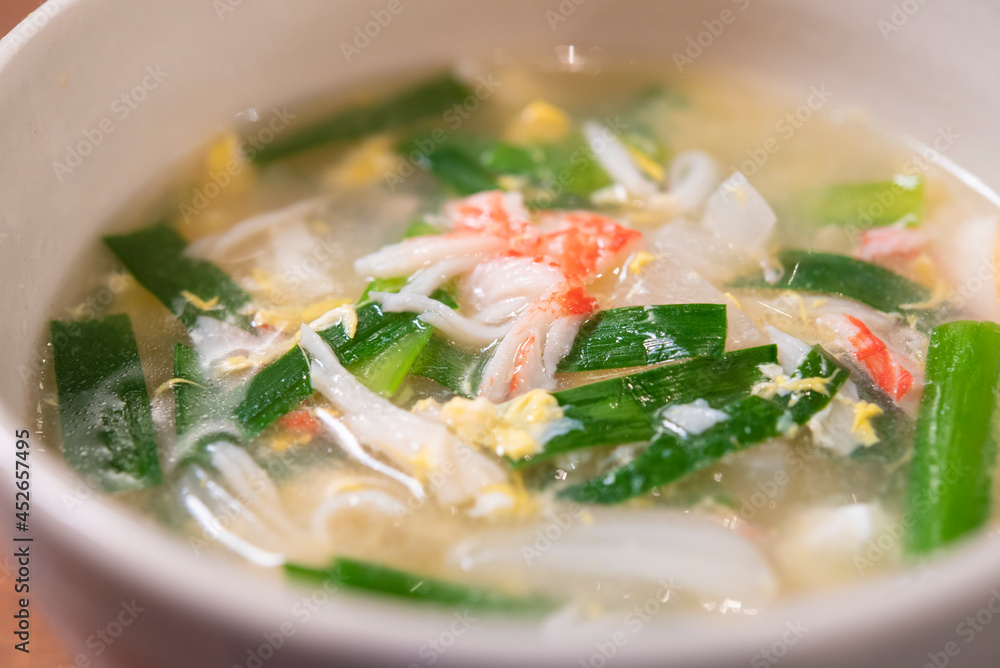 日本の食卓,かに玉スープ,ニラ,玉子,中華スープ,