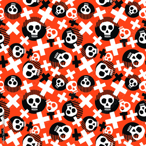Skull with bones seamless pattern.Hand drawn doodle texture. Perfect for invitations, posters, banners,fabric, textile ,gift wrap, greeting card,aparel design