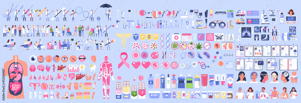 Big medical equipment set on blue background Big medical equipment set on blue background