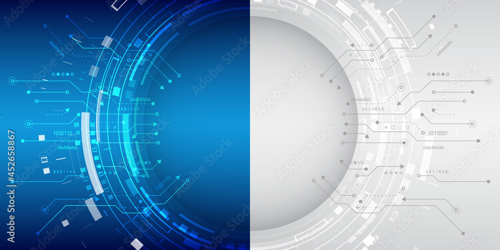 Cyber security internet and networking concept. Abstract futuristic background divided into two parts in blue and gray colors. Hi-tech vector illustration with various technology elements.