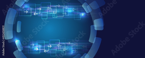 Abstract global sci fi concept. Digital internet communication on blue background. Hi-tech vector illustration with various technology elements. Wide Cyber security internet and networking concept.