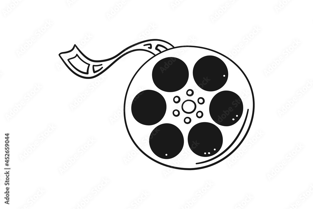 Hand drawn cinema reel and tape. Film reel with stripe in doodle style. Vector illustration isolated on white background. Black and while.