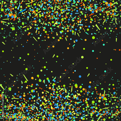 Multicolored confetti on dark background. Pattern for design. Glitters. Print for flyers, posters, banners and textiles. Greeting cards. Explosion. Firework