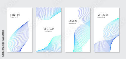 Set of abstract blue wavy lines minimal backgrounds for instagram, social media stories. Vector trendy vertical templates