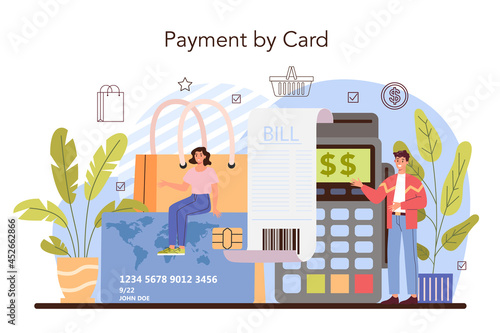 Commercial activities process. Moderm payment system. Cash payment
