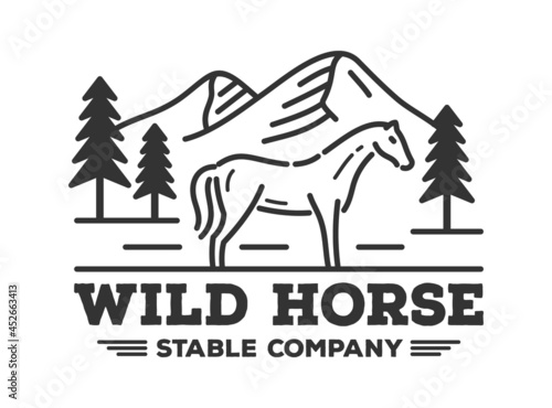 Line art vector of wild horse with mountain and trees background. Stable company logotype.