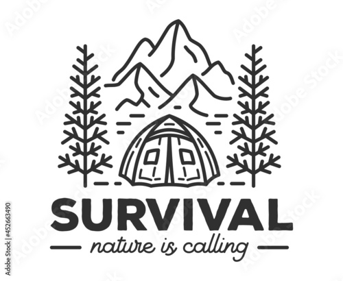 Vector illustration of survival camp isolated in mountain and forest background. Survival camp artwork. Outdoor badge.