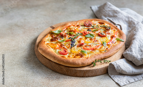 Photography Pinsa with vegetables and cheese, concrete background