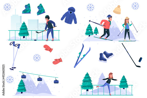 Winter sports isolated elements set. Bundle of men and women skiing, skating, playing hockey, funicular works, equipment for activities. Creator kit for vector illustration in flat cartoon design